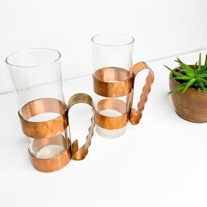 VINTAGE Mid-Century Copper Glass Mugs Wavy Handles Barware Set of 2 50s-60s